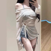 2024新款保守度假美式扎染蓝色运动分体平角比基尼罩衫三件套温泉