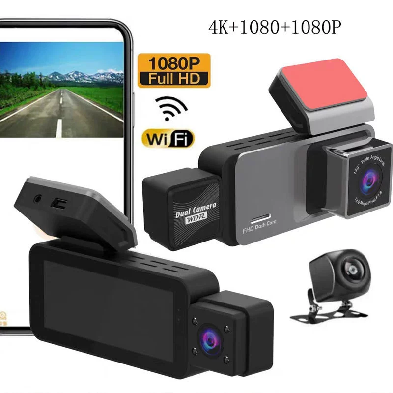 Видеорегистратор высокой четкости 3K с тремя объективами и большим широкоугольным ночным видением Bluetooth WiFi для подключения мобильного телефона трансграничный автомобильный видеорегистратор