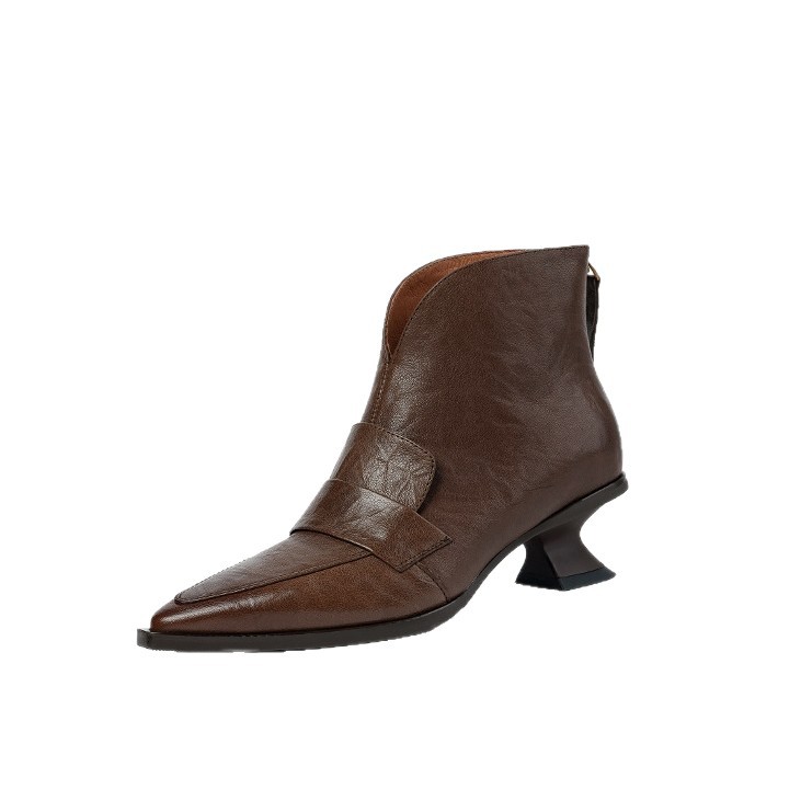 Retro Women's Ankle Boots Pointed Toe Low Heel Back Zipper Slimming Winter Style Unique Cowboy Boots_vogvips.com