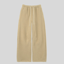 萝卜大叔卡其色羊羔毛阔腿裤女秋冬季加绒加厚宽松直筒抽绳运动裤