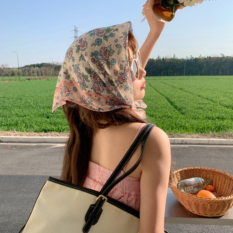シルクタオルの女性のオリジナルデザイン綿麻の小さい方の巾の甘い新型の田園の花の襟の巾の薄い通気性の日焼け止めの頭巾|undefined