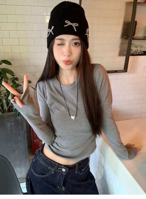 白色打底衫休闲百搭长袖T恤女秋季小众修身显瘦内搭短款灰色上衣|undefined