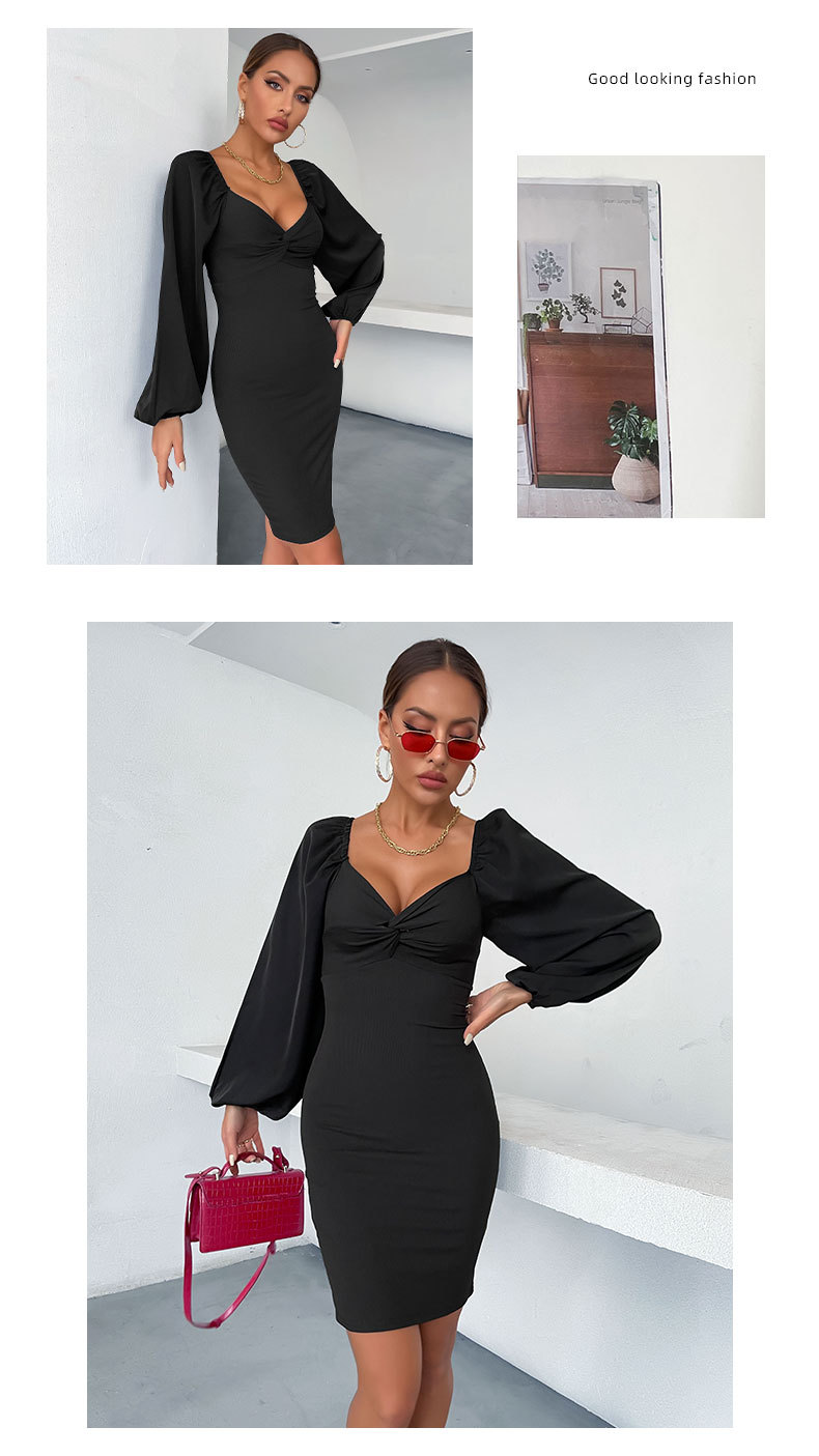 Black Lantern Sleeved V-Neck Tight Dress NSDMB104556