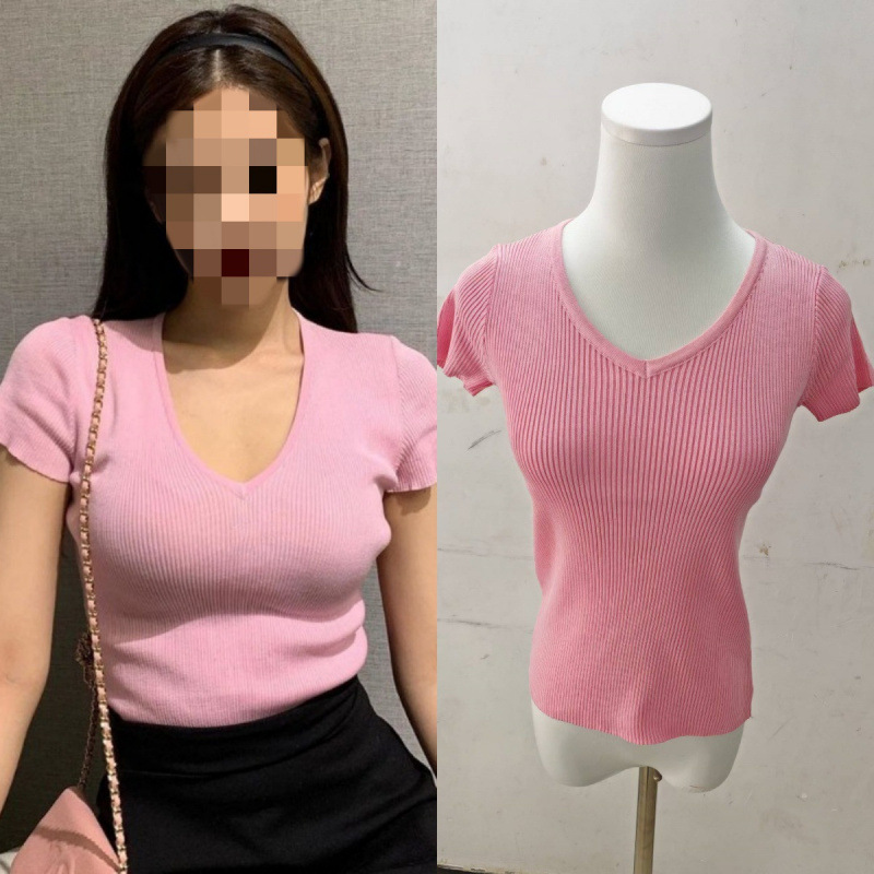 长期现货2025夏金智妮jennie明星同款春夏粉色v领针织短袖T恤上衣