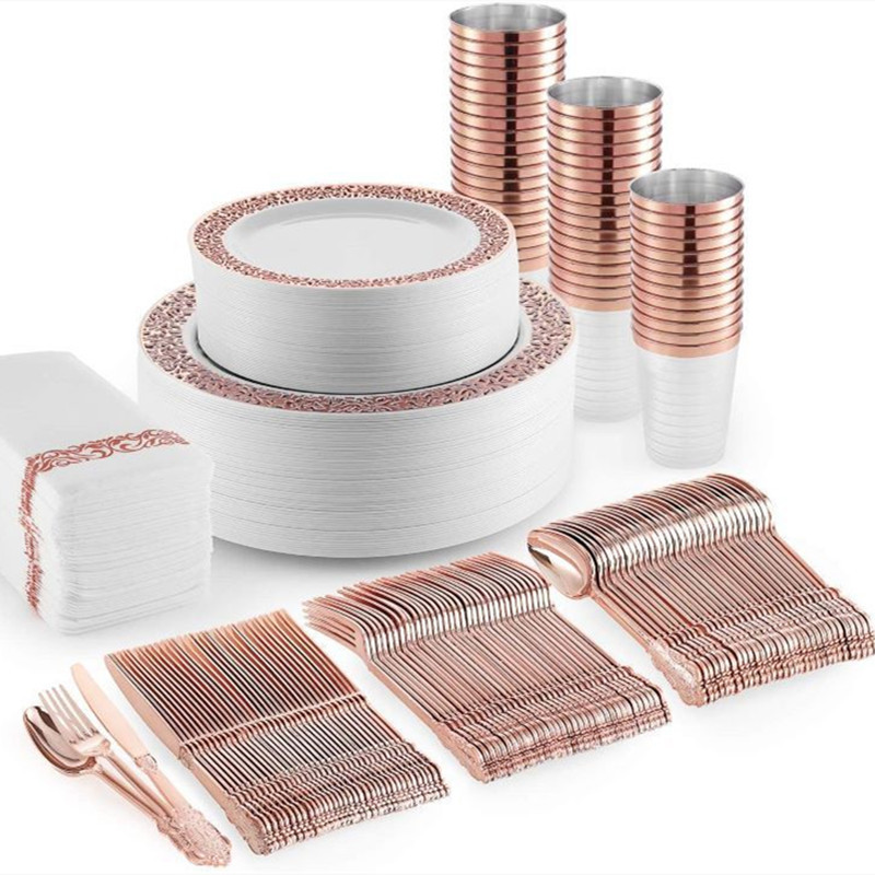 로즈 골드 속이 빈 접시 + 10 온스 컵 + 12 나이프, 포크와 스푼 + 로즈 골드 페이퍼 타월 각 25 1 세트