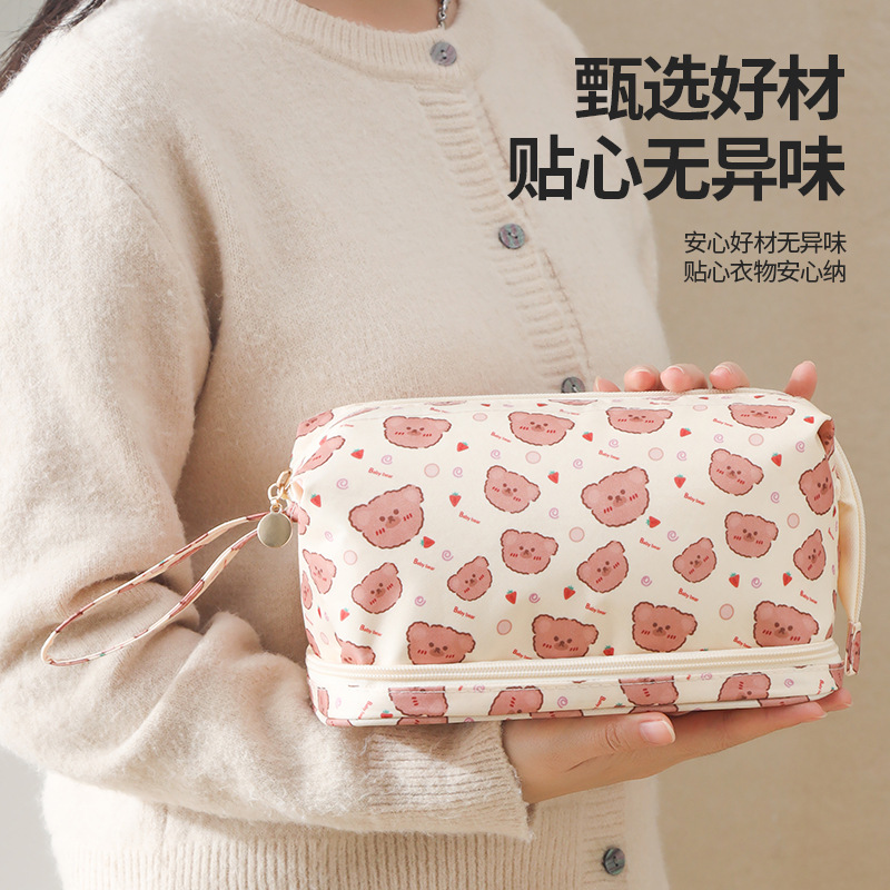 Runhui bolsa de cosméticos de doble capa de sarga de diseño bolsa de lavado de viaje de negocios bolsa de almacenamiento de cosméticos de doble capa de gran capacidad