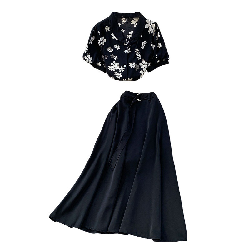 Zweiteiliges Set aus Blazer und Midikleid im französischen Stil mit Blumenmuster, elegantes Outfit mit Rüschenärmeln und lockerer Passform für Damen, schickes Ensemble für Büro und Abendessen_voghion.com