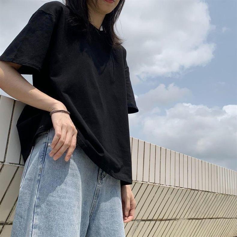 夏季新款纯棉纯色短袖T恤白色百搭半袖宽松体恤上衣_3