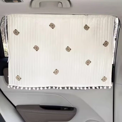 Car curtains, Ins car sun protection heat - clouds-bear-head-embroidered-quilted-hair-ball-curtain