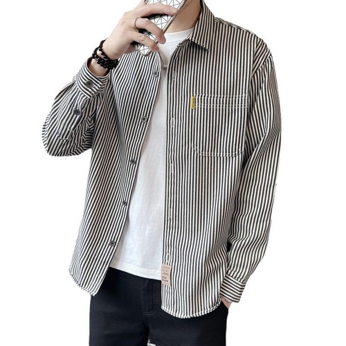 Spring and Autumn Simple and Versatile Personality Men's Fashion Lazy New Trend Cool Bad Boy Versatile Striped Men's Long-Sleeve Shirt