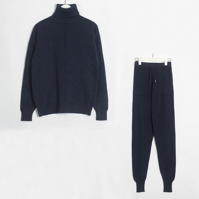 Damen Strickanzug Set Mit Stehkragen Pullover Und Hose_voghion.com