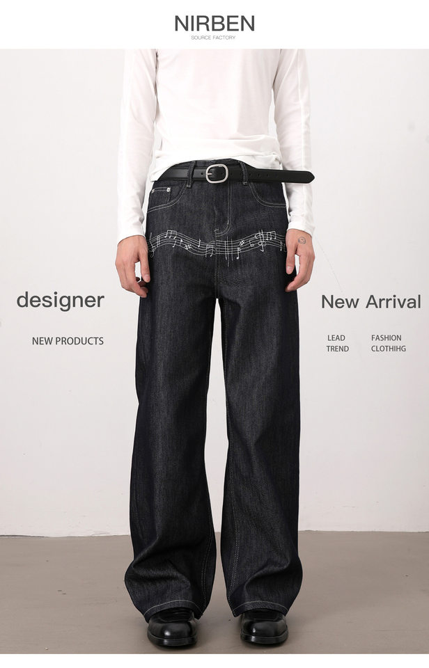 Quần jeans nam màu nguyên bản thêu họa tiết nốt nhạc phong cách retro, dáng cleanfit ống rộng suông chữ A — Xanh nguyên bản chi tiết 3