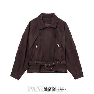 Cross-Border European and American Clothing 2025 Spring New Fashion Suede Motorcycle Style Casual Jacket with Belt