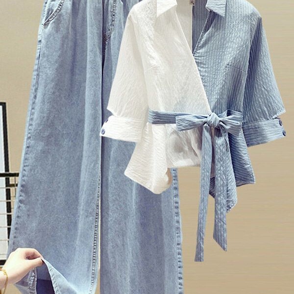 女性のための夏のファッショナブルな年齢を減らす衣装 2023 新しいハイエンドストライプスプライシングシャツハイウエストジーンズ 2 点セット|undefined