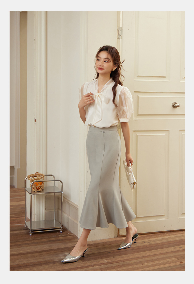 起范 夏款气质轻熟风蝴蝶结衬衫女短袖小众设计钉珠法式衬衣82302 pic 12