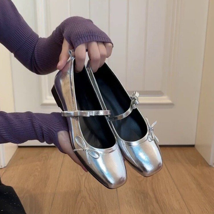 Sheepskin version ~ French bow with silver Mary Jane shoes low heel square toe shallow mouth ballet style shoes women