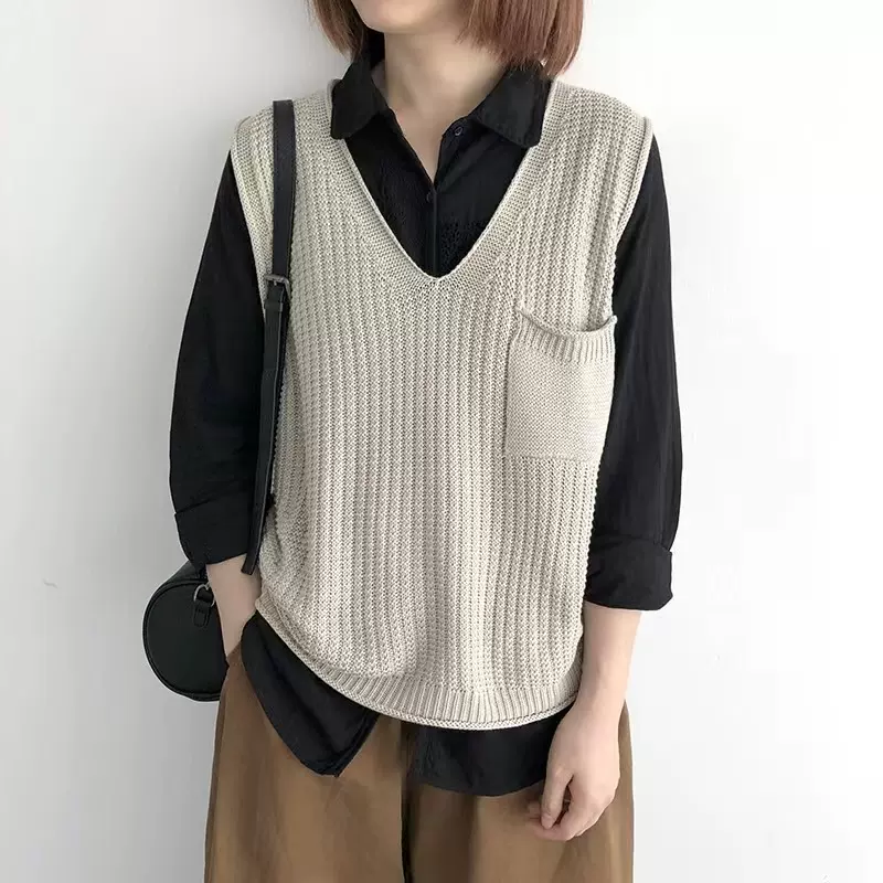 短款套头针织马甲背心春夏宽松大码女装纯色毛衣马夹V领坎肩上衣