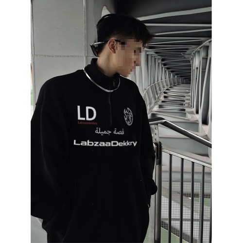 Oversize brand letter print half-zip hoodie for men, autumn and winter functional style, couple's black turtleneck jacket