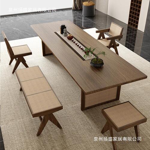 Wabi-sabi style solid wood coffee table and chair set, home living room large slab Gongfu tea table, office reception tea brewing table