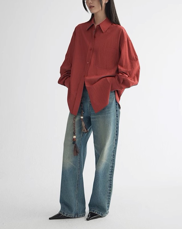 HAVERICE レストランバーンレッドシャツ春夏ドレープテクスチャルーズ痩身美白万能シャツトップ|undefined