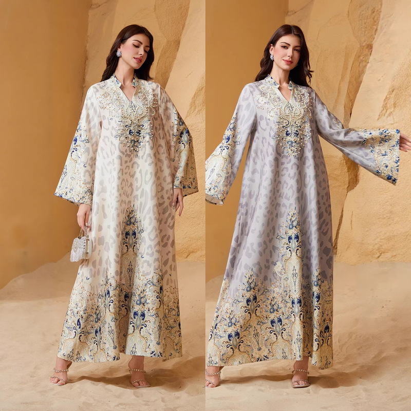 Sw1004 Cross-Border Long Robe Leopard Print Dress with Rhinestones and Beading for Women Abayas