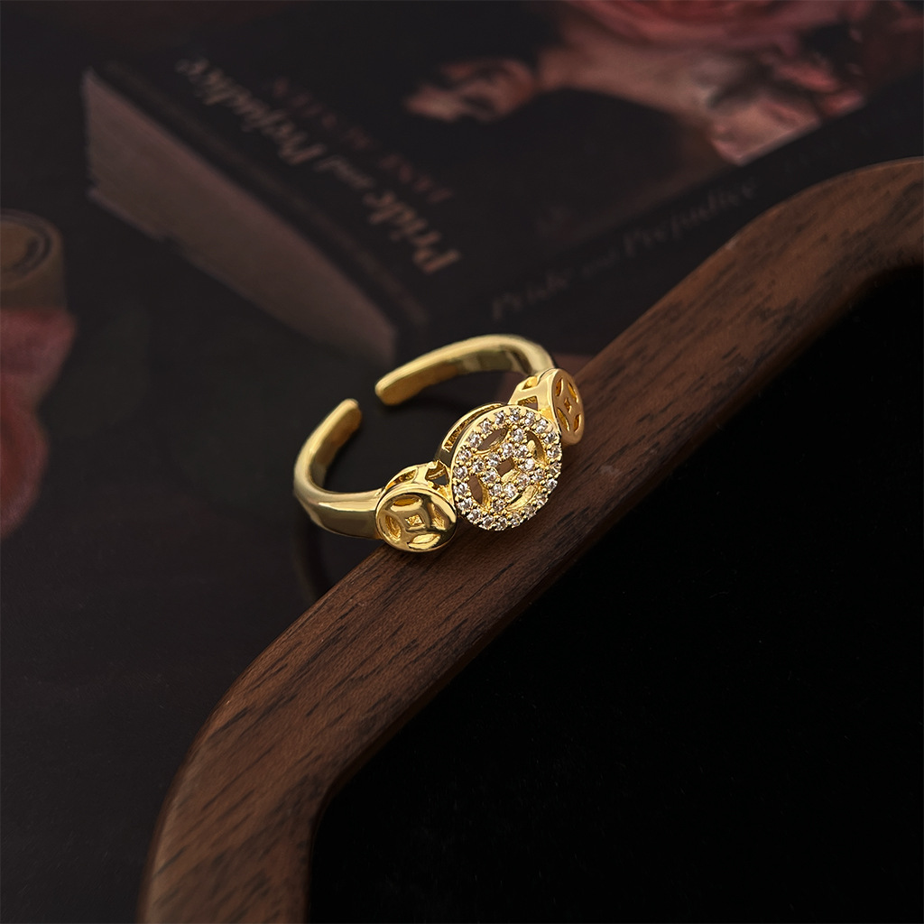 Vintage light medieval style hollow gold coin symbol personality design ring zircon light luxury niche index finger ring