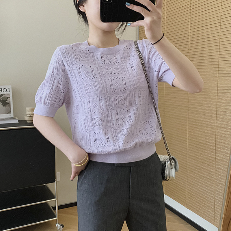 [Special Offer, No Returns or Exchanges] All-Cotton Hollow-Out Knit Sweater with Versatile Design, Cotton Thread Cover-Up, Round-Neck Base Shirt