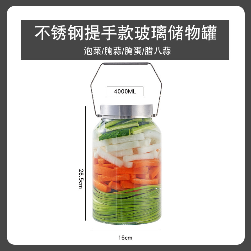 Pot de pepinos de vidrio con mango de transporte para cocina doméstica de grado alimenticio encurtido depósito de pickles