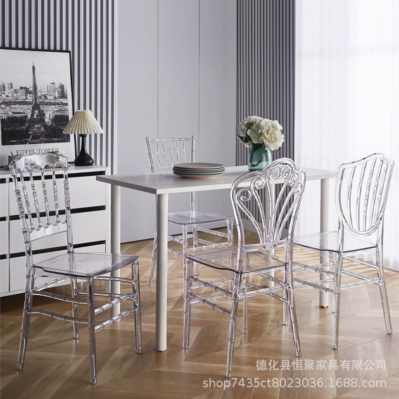 Fábrica directa de acrílico silla de comedor boda al aire libre Napoleón silla de comedor hotel banquete silla transparente