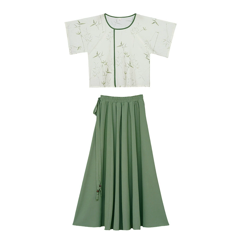 Summer megaphone with a round collar, retro Hanfu, long skirt, set, Chinese style