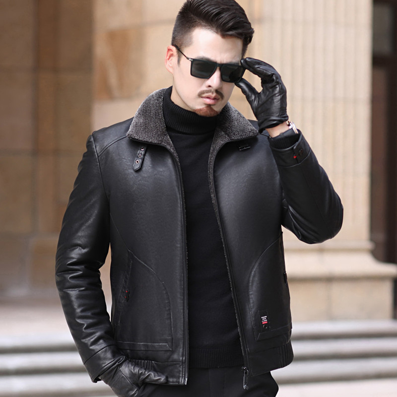 Haining chaqueta de mediana edad y ancianos abajo chaqueta de cuero casual de los hombres Chaqueta corta solapa engrosada chaqueta de piel de oveja moda