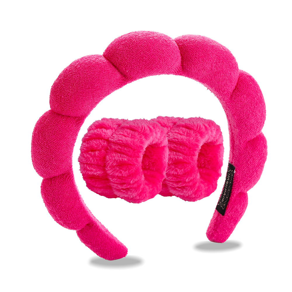 로즈 레드 헤어밴드(테리 벨벳) + 손목 스트랩 2개(솔기 인터페이스)