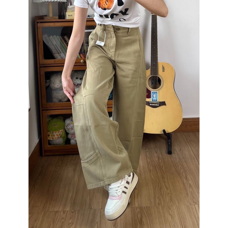 卡其色弯刀阔腿牛仔裤女新款春秋季高腰显瘦宽松直筒垂感拖地长裤|undefined