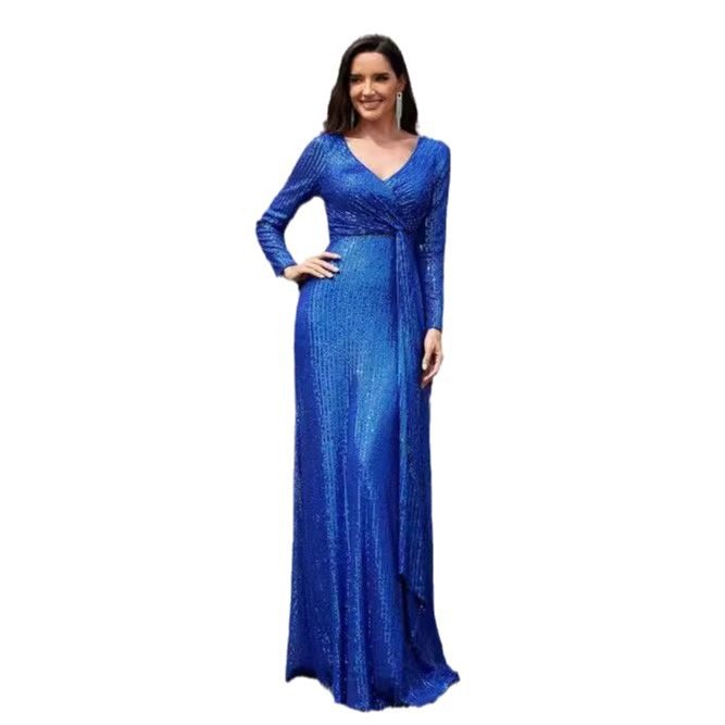 Europäisches und amerikanisches grenzüberschreitendes neues Verkaufsschlager-Frühlingskleid: Elegantes, einfarbiges Paillettenkleid mit langen Ärmeln für den Abend – perfekt für die High Society._voghion.com