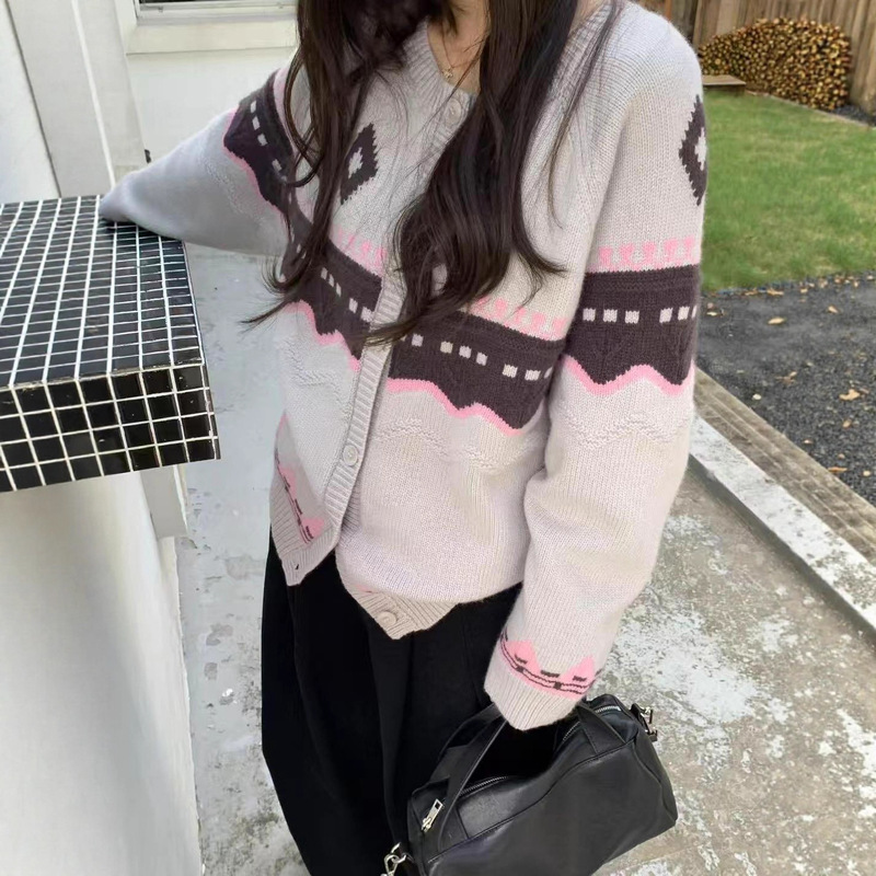 韩系复古菱形撞色毛衣外套女短款秋季新款长袖宽松慵懒风针织开衫|undefined