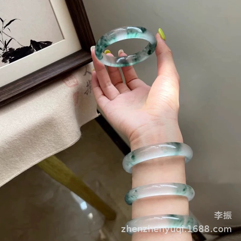 여성용 천연 얼음 제이드 제이드 팔찌, 물 제이드 팔찌, 어머니를 위한 둥근 맑은 물 떠다니는 꽃 제이드 팔찌