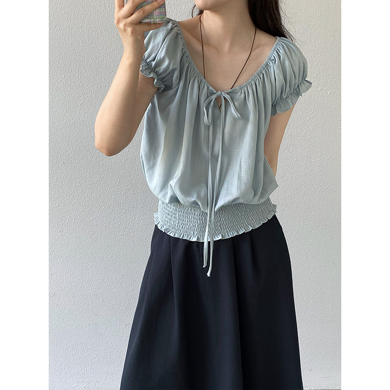 Jiangzuo French-Style Slim Sweet Shirt for Women 2026 Summer Waist-Cinching Tie Short-Sleeve Blouse Retro Top 1897 Jiangzuo French-Style Slim Sweet Shirt for Women 2026 Summer Waist-Cinching Tie Short-Sleeve Blouse Retro Top 1897