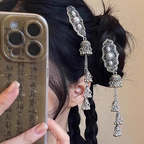 新中式ターコイズベルタッセルヘアピン 女性用 民族風 モンゴル風 サイドクリップ 高級感 繊細なヘアアクセサリー|undefined
