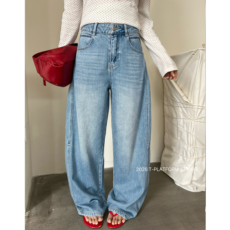 T-Platform Early Spring New Style Loose-Fitting High-Waisted Versatile Washed Blue Jeans 68123