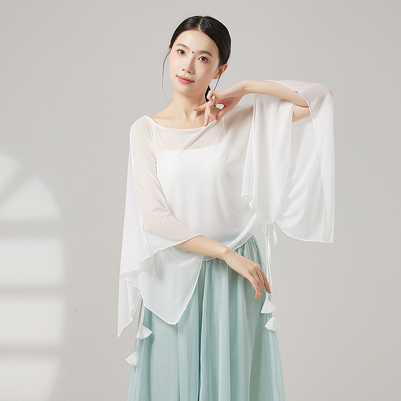 Classical Dance Body Rhyme Elegant Loose Drawstring Mesh Blouse Top Body Modern Dance Practice Clothes