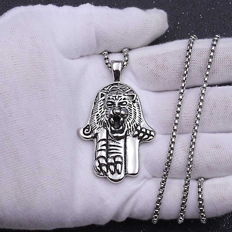 Collier de perles en titane avec croix de palmier et tête de tigre, chaîne de pull minimaliste en acier inoxydable_voghion.com