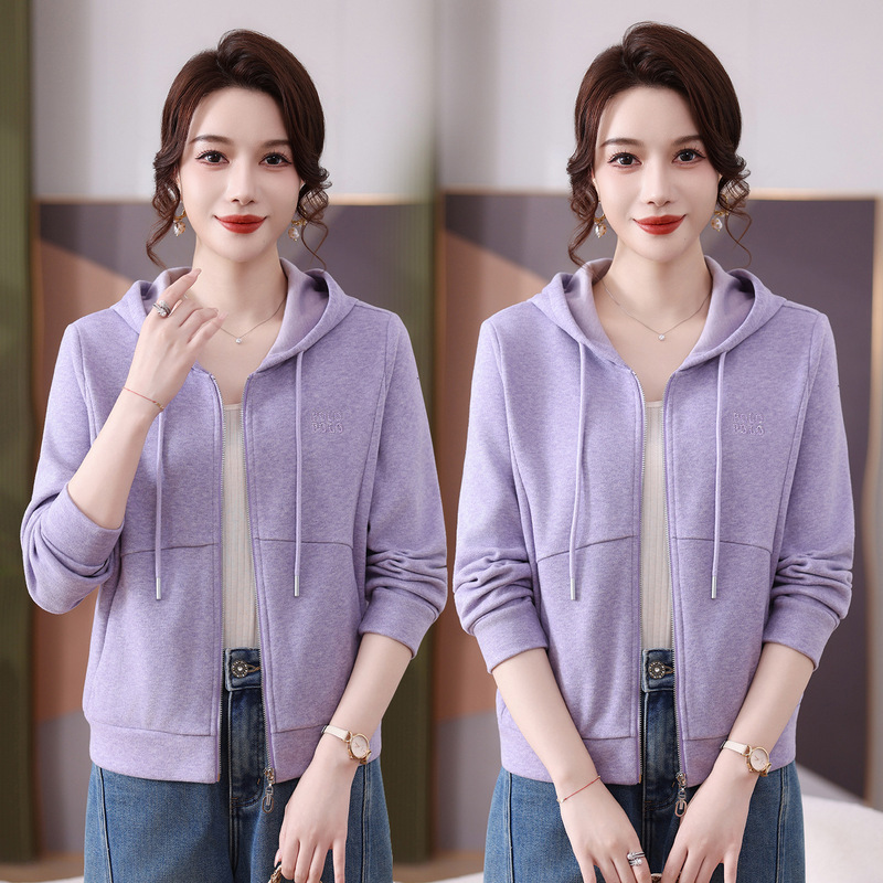 Drawstring hooded fashion casual zip-up jacket for women, 2026 autumn new stylish short coat for mothers