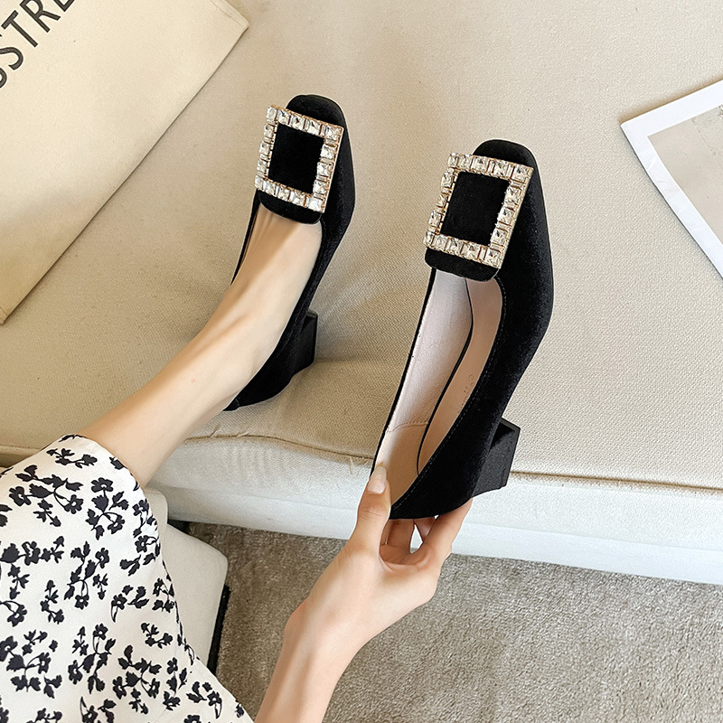 2022 nuevos zapatos de primavera para mujer, estilo coreano de todo fósforo, diamantes de imitación, hebilla cuadrada, temperamento, zapatos de mujer, tacón grueso, punta redonda, tacones altos negros