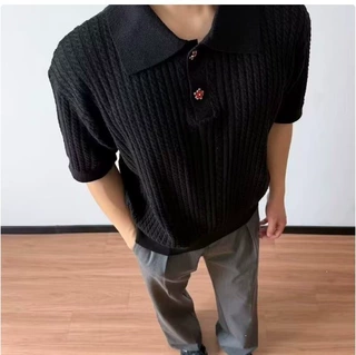 POLO衫针织衫短袖T恤男翻领麻花肌理感冰丝夏批发跨境老钱风