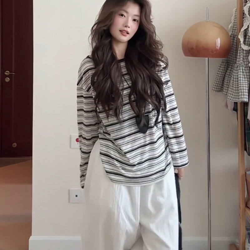 韩系黑色条纹防晒罩衫长袖T恤女早秋慵懒宽松miu系空调衫薄款上衣|undefined