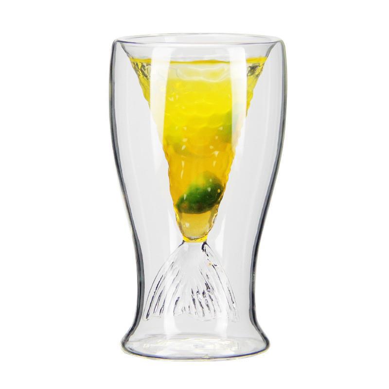 Taza de vidrio creativo resistente a altas temperaturas de alta borosilicona, taza de vino transparente de doble capa, taza de agua de sirena, taza de cola de tiburón