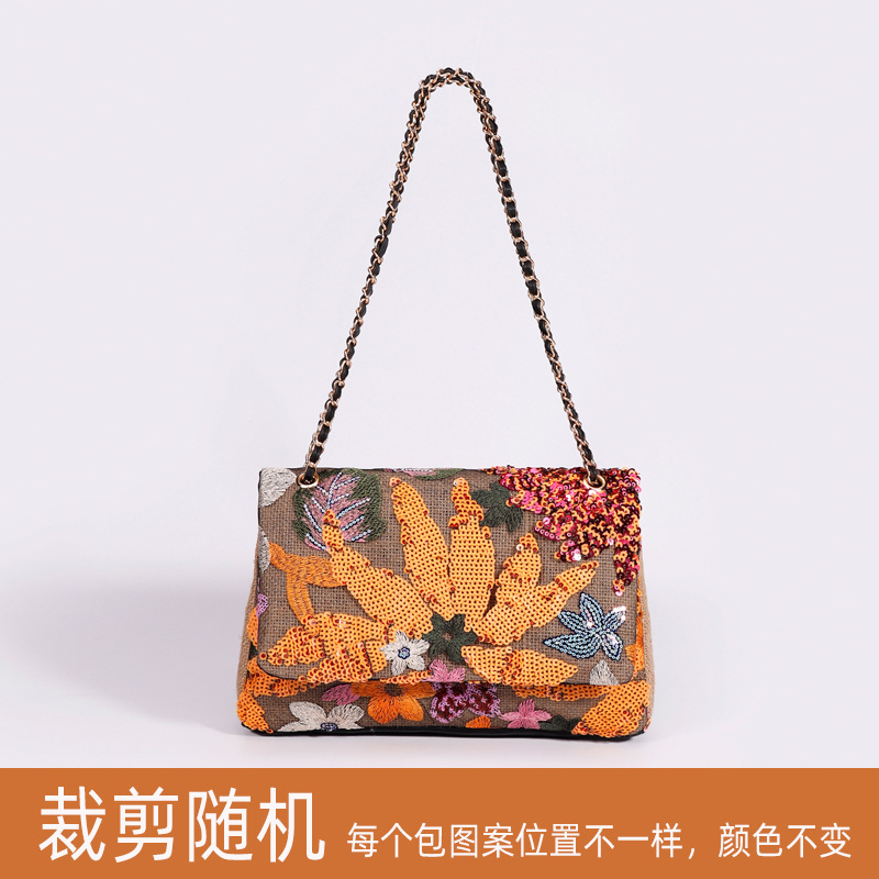 跨境刺绣亮片单肩包夏季新款小众编织草编包高级感大容量腋下包