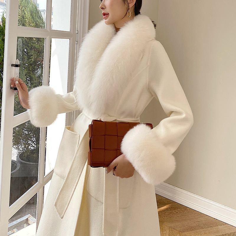 Australian wool double-sided cashmere three-dimensional skirt fox fur collar mid-length slim-fit princess pink woolen coat all-match