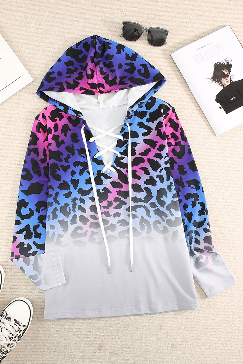 Winter New Gradient Color Sweatshirt For Women Trendy Leopard Print Tie Pullover Hoodie_desvips.com