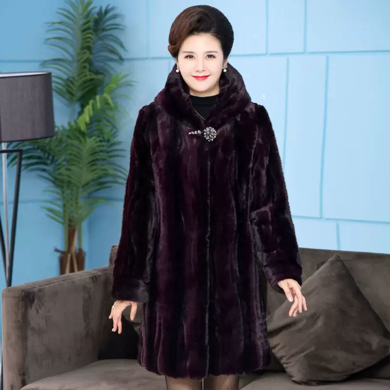 Haining mid-length mink coat for women, whole mink, middle-aged and elderly mothers, thickened mink imitation fur coat, light luxury socialites